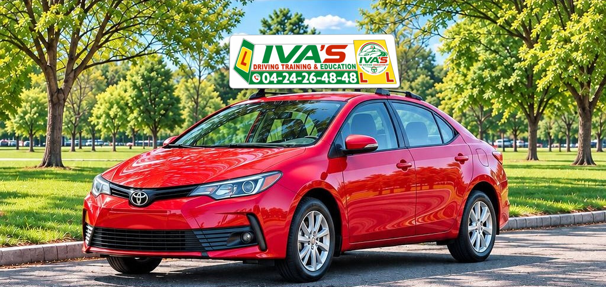 Iva's Driving Training & Education car-top sign mounted on a red Toyota Corolla, parked in a tree-lined park