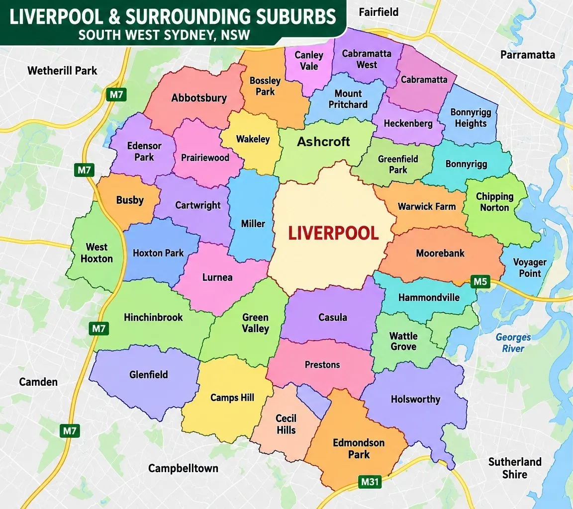 Illustrated map of Liverpool and surrounding suburbs & beyond we serve, South West Sydney, NSW
